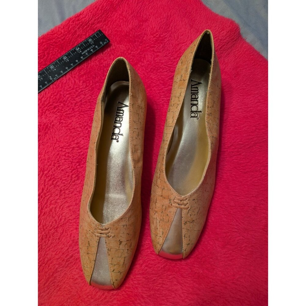 Amanda Women's Size 12M "Iona" Pumps Faux Cork Gold Metallic Block Heel Shoes